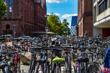 A lot of bicycles parked near a medical university Freiburg, Germany, Europe.