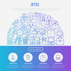 Office concept in circle with thin line icons of manager, coffee machine, chair, career growth, e-mail, folders, watercooler, lamp. Vector illustration for banner, web page, print media.