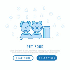 Pet shop web page template with thin line icons of cat, dog and bowls with dry food. Vector illustration.