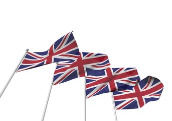 UK flags in a row with a white background. 3D Rendering
