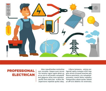 Professional electrician services promotional poster with man in uniform