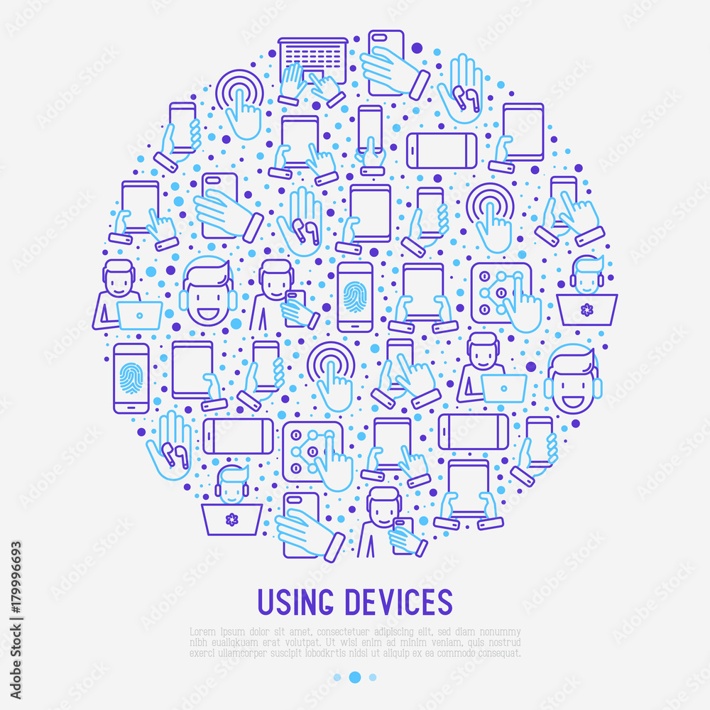 Poster using devices concept in circle with thin line icons: gadget, tablet in hands, touchscreen, fingerpr