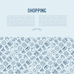 Shopping concept with thin line icons: cashbox, payment, pos terminal, piggy bank, sale, currency, credit card, trolley. Vector illustration for banner, print media.