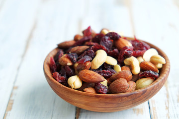 Mixed nuts and dried fruits in a bowl on a white wooden background. 