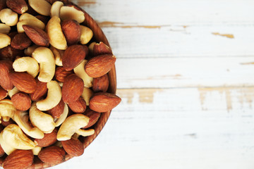 Mixed nuts close up. Text space
