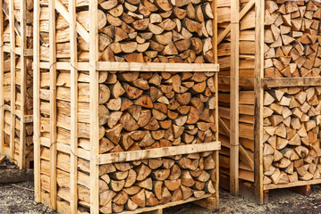 chopped firewood, chopped firewood stacked in boxes, Fire woods background.