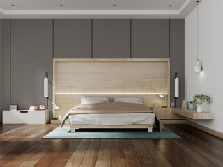 Beautiful Bedroom Interior design modern with wooden wall background. 3d rendering