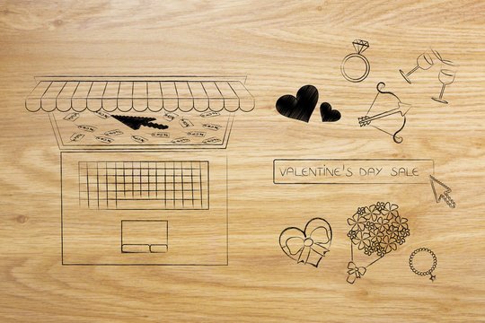valentines day symbols and search bar next to laptop with reduced price tags