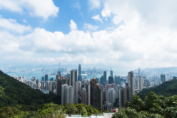 View from Victoria Peak of the Hong Kong city skyline and Victoria Harbour.