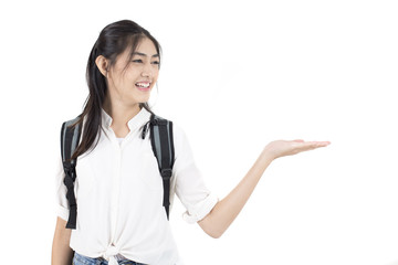 Portrait of Beautiful Young Asian Woman student standing with attractive smiling isolated on white, Woman with Education Concept.