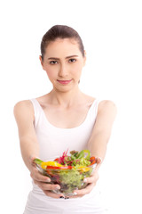 Portrait of smiling Beautiful woman with vegetable salad.