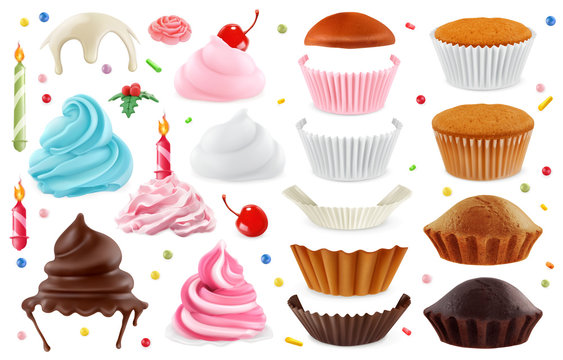 Cupcakes maker. Creation set of design elements. 3d realistic vector icons
