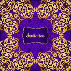 Rich gold invitation card in the Indian style. Bohemian Cards with mandalas. Royal purple and gold ornament. Unique template for design or backdrop