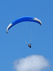 Sportif en vol de parapente sur fond de ciel bleu en été en montagne.