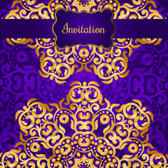 Rich gold invitation card in the Indian style. Bohemian Cards with mandalas. Royal purple and gold ornament. Unique template for design or backdrop