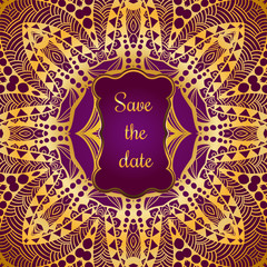 Rich gold invitation card in the Indian style. Bohemian Cards with mandalas. Royal purple and gold ornament. Unique template for design or backdrop