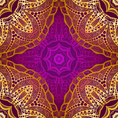 Rich gold seamless pattern in the Indian style. Bohemian tile with mandalas. Royal purple and gold ornament. Unique template for design or backdrop