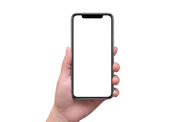 Modern smart phone with x curved screen in woman hand isolated. Blank screen for mockup.
