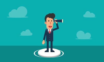 Businessman using telescope standing on footing in the middle of the sea simple cartoon character vector illustration in flat modern design isolated in turquoise background