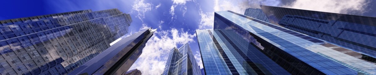 Fototapeta na wymiar skyscrapers against the clouds, modern buildings view from below, banner, 3D rendering 