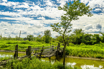 Rural bridge crossing with blue sky, puffy clouds and lush greenery