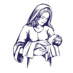 Fototapeta na wymiar Christmas story. Mary and the baby Jesus, Son of God , symbol of Christianity hand drawn vector illustration.