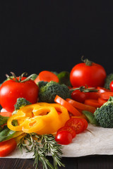 Fresh vegetables on pita bread background with copy space