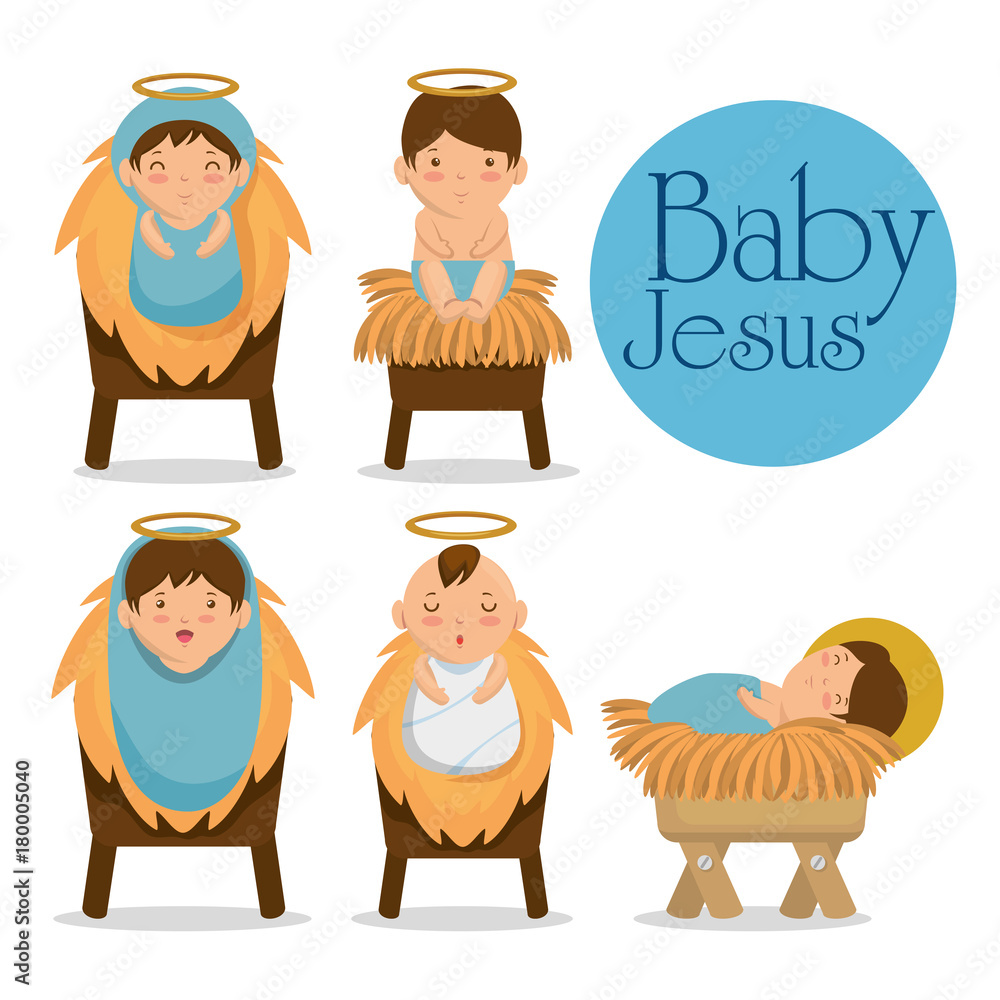 Wall mural merry christmas baby jesus lying in a manger vector illustration graphic design