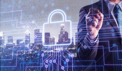 Digital lock icon and city background, concept of data security