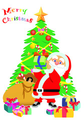 Santa Claus with toy bag full of gifts in front of Christmas tree