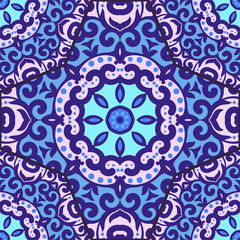 Vector seamless pattern with bright blue ornament. Tile in Eastern style. Ornamental lace tracery. Ornate swirl geometrical decor for wallpaper. Traditional arabic mosaic design
