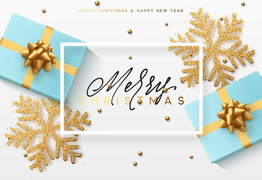 Christmas background with gifts and shining golden snowflakes. Merry Christmas card vector Illustration.