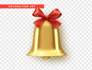 Traditional holiday decoration element, golden bell with red bow. Vector realistic isolated on background with transparency