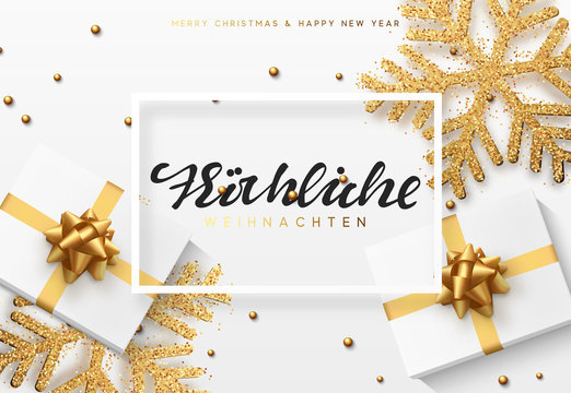 Christmas background with gifts and shining golden snowflakes. German text Frohliche Weihnachten.