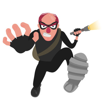 A balding thief in a mask runs with a flashlight on a white background