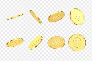 Golden coins. Realistic gold money isolated on a transparent background. - obrazy, fototapety, plakaty