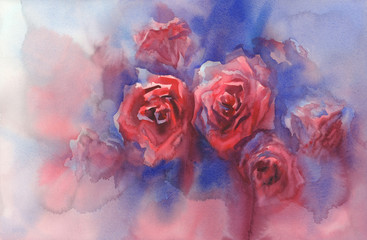 red roses in blue background watercolor