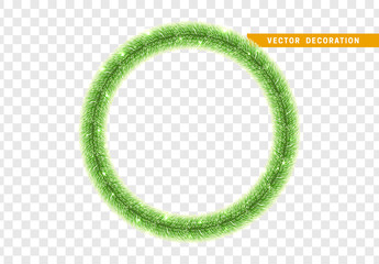 Christmas traditional decorations, green lush tinsel. Xmas circle wreath garland, isolated realistic decor element