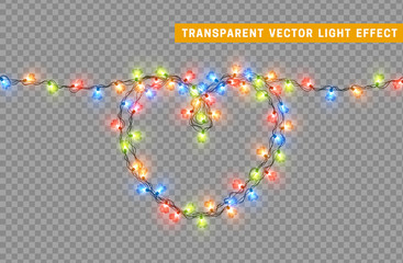 Christmas lights isolated realistic design elements. Glowing lights for Xmas Holiday cards, banners, posters, web design. Garlands decorations. Led neon lamp