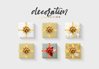 Set of colorful wrapped gift boxes. Lots of presents. Flat decoration collection.