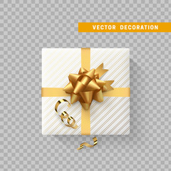 Gift box with bow and ribbon isolated on transparent background. Flat top view.