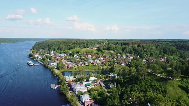 Aerial view of the Ples, a city on the Volga, in the sunny weather