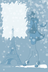 Winter graphic design with Eiffel tower and a young beautiful girl, walking through the snow. EPS 10 vector illustration.