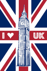Fototapeta na wymiar Big Ben drawn in a simple sketch style on the Union Jack - national flag of the UK. EPS8 vector illustration.