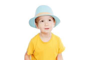 Dancing boy in the hat isolated on white