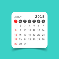 July 2018 calendar. Calendar sticker design template. Week starts on Sunday. Business vector illustration.