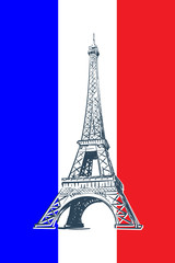 Eiffel Tower drawn in a simple sketch style. Isolated contour on the french national flag tricolor. EPS8 vector illustration