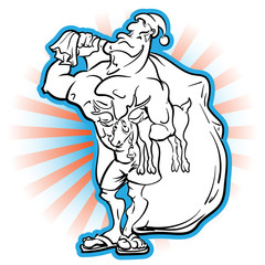 Muscular bodybuilder Santa wearing swimming shorts and slippers and holding a reindeer under his arm. EPS8 vector illustration.