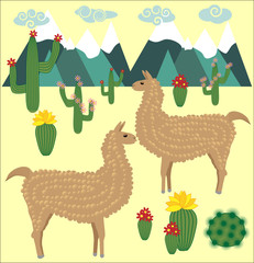 Two Llama, alpaca of brown color, with bright saddles on the background of mountains, cacti, clouds