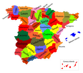 Editable colorful vector map of Spain. Vector map of Spain isolated on background. High detailed. Autonomous communities of Spain. Administrative divisions of Spain, separated provinces with color. 